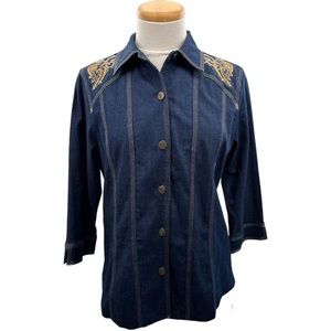 Susan Graver Style Top Denim Sequin Embroidered Buttons Western Country …